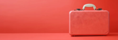 Red travel suitcase, on red background. Trip concept. Generative AI.の素材
