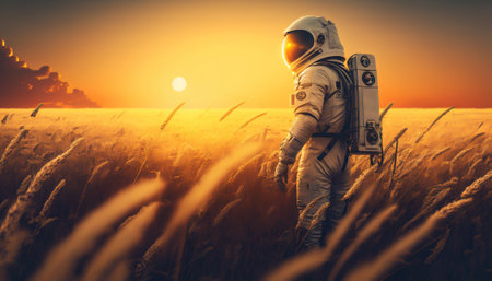 Astronaut standing in the field on a golden sunset. Generative AIの素材