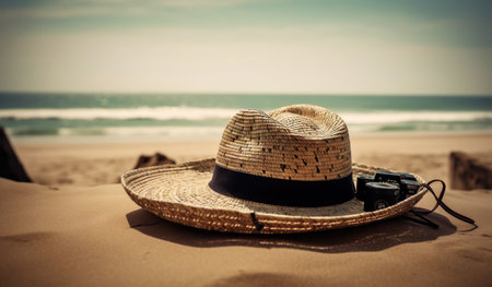 Hat on the sand with a sea background. Travel concept. Generative AI.の素材