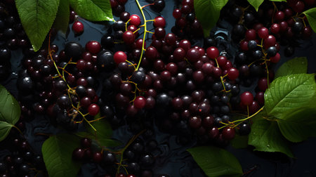 Fresh ripe elderberry with water drops background. Berries backdrop. Generative AI.の素材