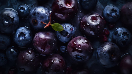 Fresh ripe bilberries with water drops background. Berries backdrop. Generative AI.の素材