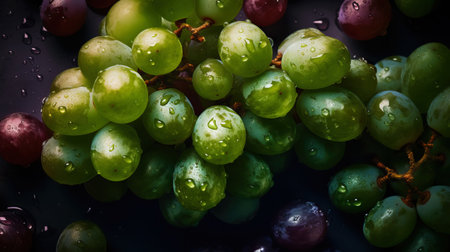 Fresh ripe grapes with water drops background. Berries backdrop. Generative AI.の素材