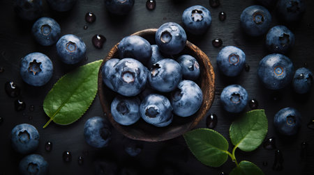 Fresh ripe blueberries with water drops background. Berries backdrop. Generative AI.の素材