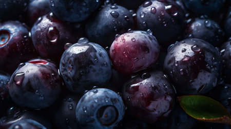 Fresh ripe huckleberry with water drops background. Berries backdrop. Generative AI.の素材