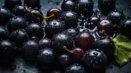 Fresh ripe blackcurrantss with water drops background. Berries backdrop. Generative AI.の素材