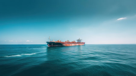 Low angle view on huge fuel tanker ship in the sea. Generative AI.の素材