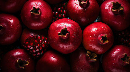Fresh ripe pomegranades with water drops background. Fruits backdrop. Generative AI.の素材