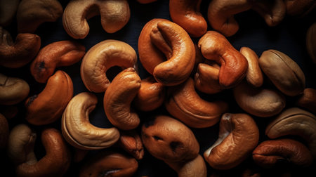 Cashew nuts background. Healthy snack concept. Organic cashew. Generative AI.の素材