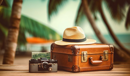 Suitcase, hat and accessories on the wooden floor with a sea background. Travel concept. Generative AI.の素材