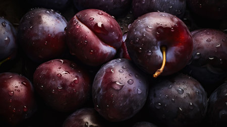 Fresh ripe plums with water drops background. Fruits backdrop. Generative AI.の素材