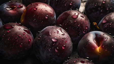 Fresh ripe plums with water drops background. Fruits backdrop. Generative AI.の素材