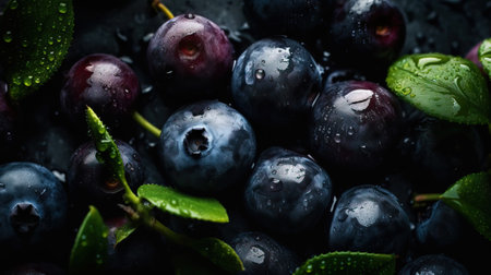 Fresh ripe huckleberry with water drops background. Berries backdrop. Generative AI.の素材