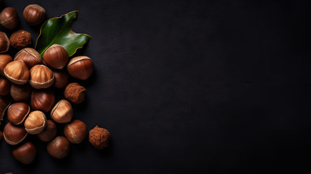 Large group og Hazelnuts on dark backdrop. Food background. Generative AI.の素材