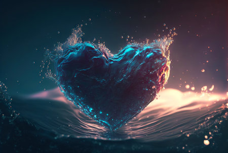 Heart-shaped water stream with bubbles, drops, splashes. Valentine's day concept. Generative AI.の素材