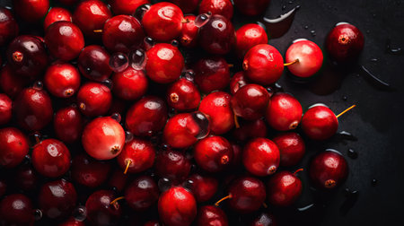 Fresh ripe cranberries with water drops background. Berries backdrop. Generative AI.の素材