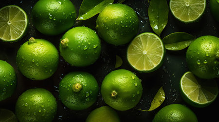 Fresh ripe limes with water drops background. Fruits backdrop. Generative AI.の素材