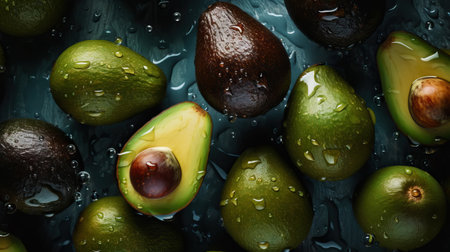 Fresh ripe avocados with water drops background. Fruits backdrop. Generative AI.の素材
