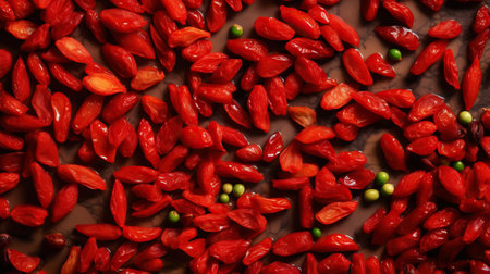 Fresh ripe goji berry with water drops background. Berries backdrop. Generative AI.の素材