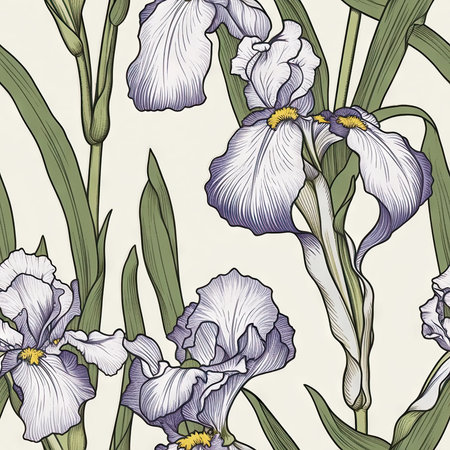 Iris flower seamless pattern. Floral seamless background. Generative AI.の素材