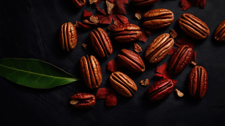 Dry organic Pecan Nuts top view on dark background. Healthy nuts. Generative AI.の素材