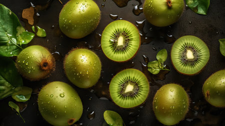 Fresh ripe kiwi with water drops background. Fruits backdrop. Generative AI.の素材