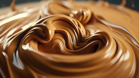 Closeup of caramel vortex. Swirl of sweet golden cream. Generative AI.の素材