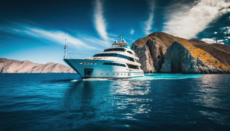 Low angle view on luxury yacht from the paradise turquoise ocean water surface. Sunny day in tropic sea. Generative AI.の素材