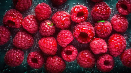 Fresh ripe raspberry with water drops background. Berries backdrop. Generative AI.の素材