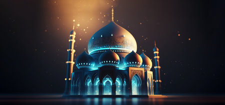 Mosque at night with glowing lights. Eastern architecture concept. Ramadan Kareem. Generative AI.の素材