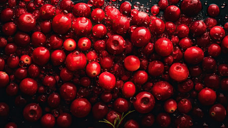Fresh ripe lingonberry with water drops background. Berries backdrop. Generative AI.の素材