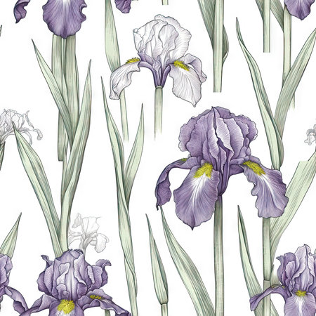 Iris flower seamless pattern. Floral seamless background. Generative AI.の素材