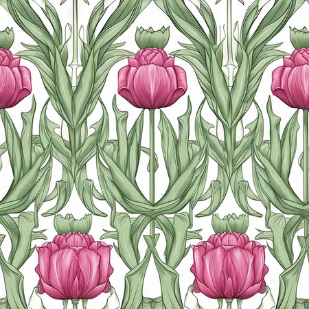 Tulip flower seamless pattern. Floral seamless background. Generative AI.の素材