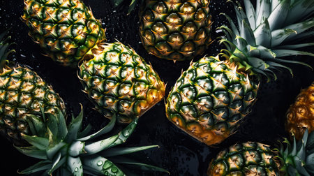 Fresh ripe pineapple with water drops background. Fruits backdrop. Generative AI.の素材