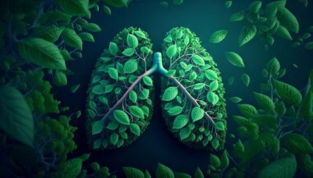 Leaves and branches in form of human lungs. Forest as lungs of planet concept. Generative AI.の素材