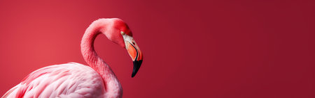 Flamingo profile on a red uniform background. Beautiful colorful bird. Generative AI.の素材