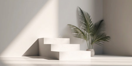 White product display podium with nature palm leaves. Generative AI.の素材