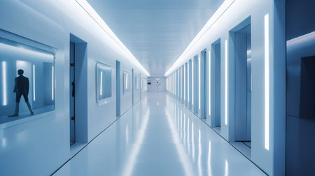 Blue abstract futuristic tunnel with neon lines. Generative AI.の素材