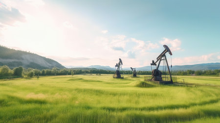 Working oil pumps in mountains. Natural resources industry. Oil rig. Generative AI.の素材