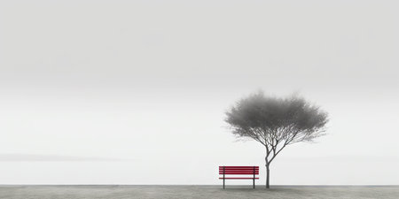 Minimalistic loneliness concept. Red bench under a tree. Generative AI.の素材