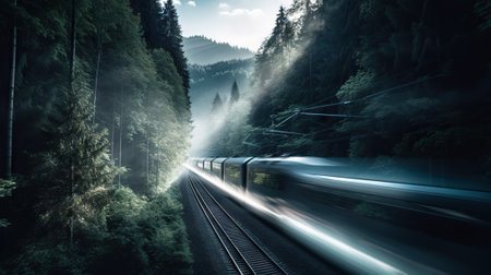 Speed passenger train moving in the mist mountains covered with forest. Generative AI.の素材