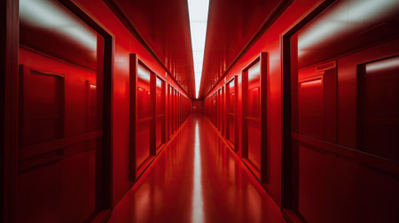 Red abstract futuristic tunnel with neon lines. Generative AI.の素材