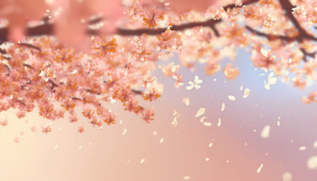 Petals of cherry blossom blown by the wind. Sakura flowers. Generative AI.の素材