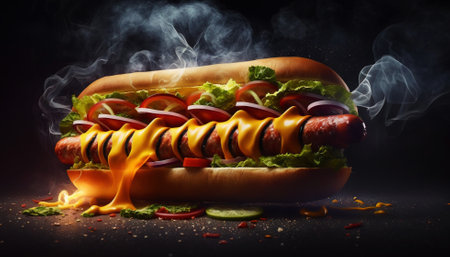 Super delicious hot dog with mustard and vegetables on dark background. Generative AI.の素材