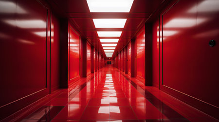 Red abstract futuristic tunnel with neon lines. Generative AI.の素材