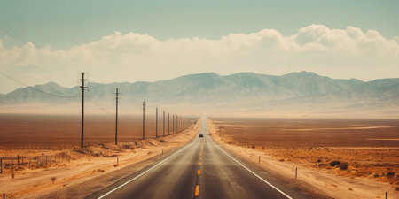 Minimalistic empty highway in desert. Travel concept. Generative AI.の素材