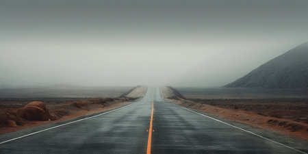 Minimalistic wet road and rain. Wet empty highway. Generative AI.の素材