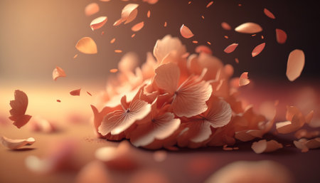 Petals of cherry blossom blown by the wind. Sakura flowers. Generative AI.の素材