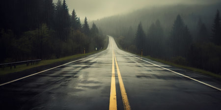 Minimalistic wet road and rain. Wet empty highway. Generative AI.の素材