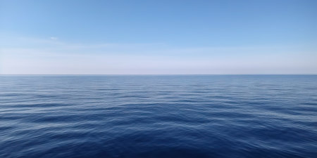 Panorama landscape of empty blue sea and sky blue background. Generative AI.の素材
