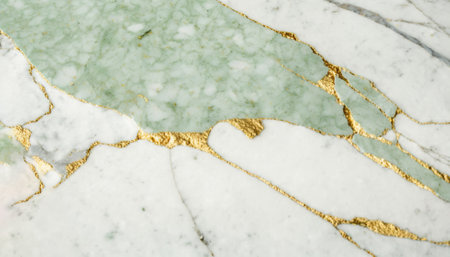 Green and white marble with golden veins background. Generative AI.の素材